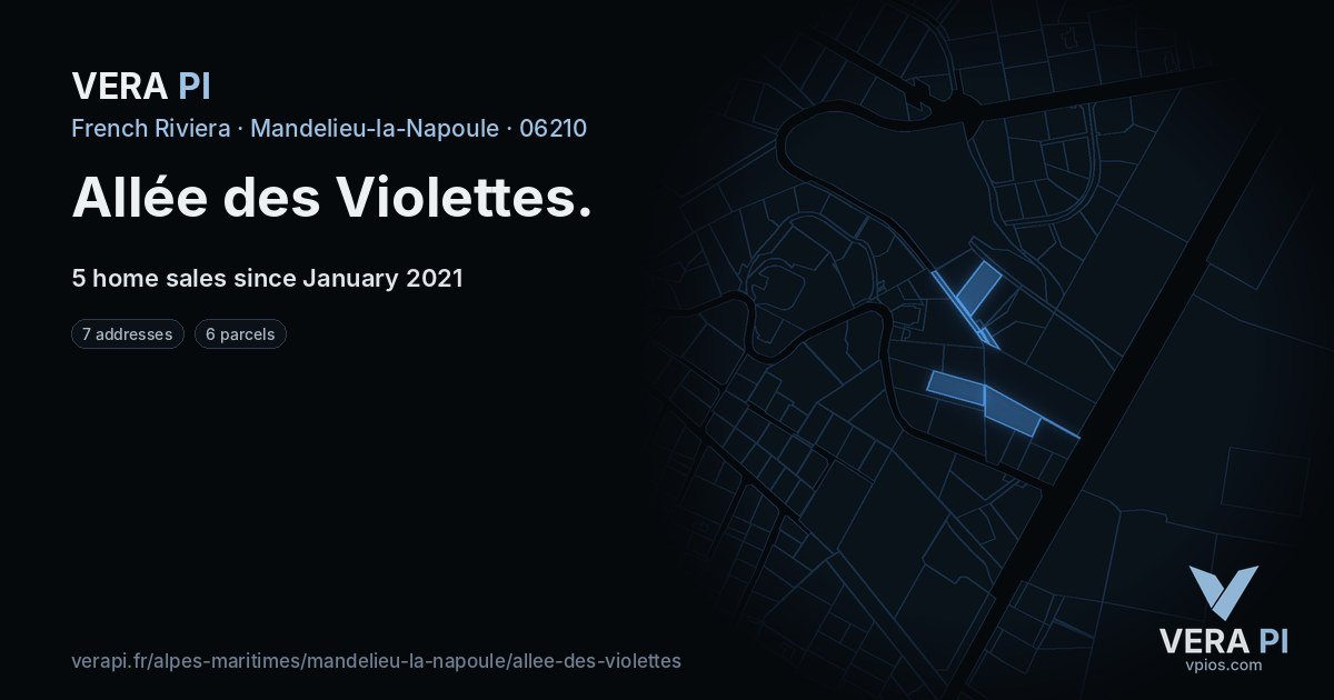 Allée des Violettes, Mandelieu-la-Napoule at night – every parcel coloured by the prices around it, the street's own parcels lit