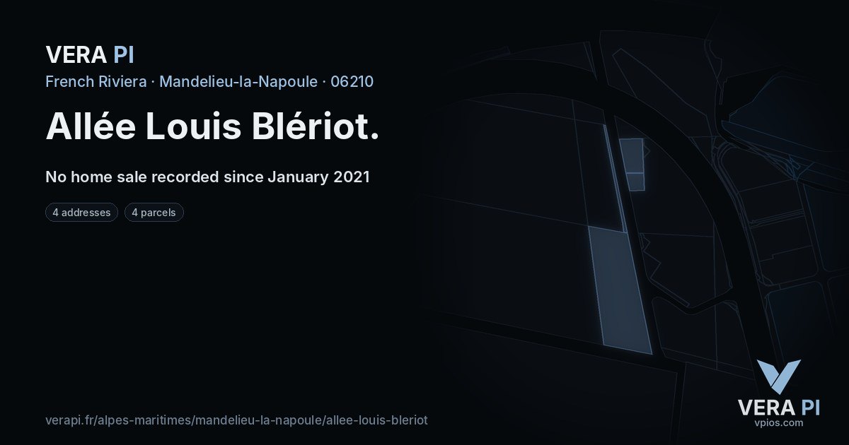 Allée Louis Blériot, Mandelieu-la-Napoule at night – every parcel coloured by the prices around it, the street's own parcels lit