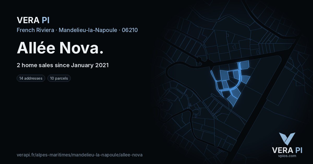 Allée Nova, Mandelieu-la-Napoule at night – every parcel coloured by the prices around it, the street's own parcels lit