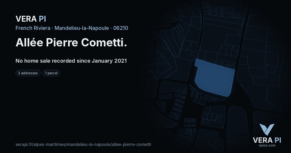 Allée Pierre Cometti, Mandelieu-la-Napoule at night – every parcel coloured by the prices around it, the street's own parcels lit