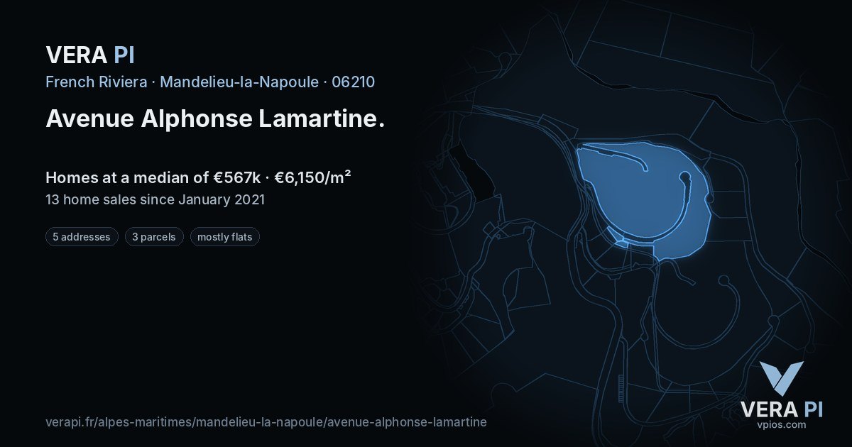 Avenue Alphonse Lamartine, Mandelieu-la-Napoule at night – every parcel coloured by the prices around it, the street's own parcels lit
