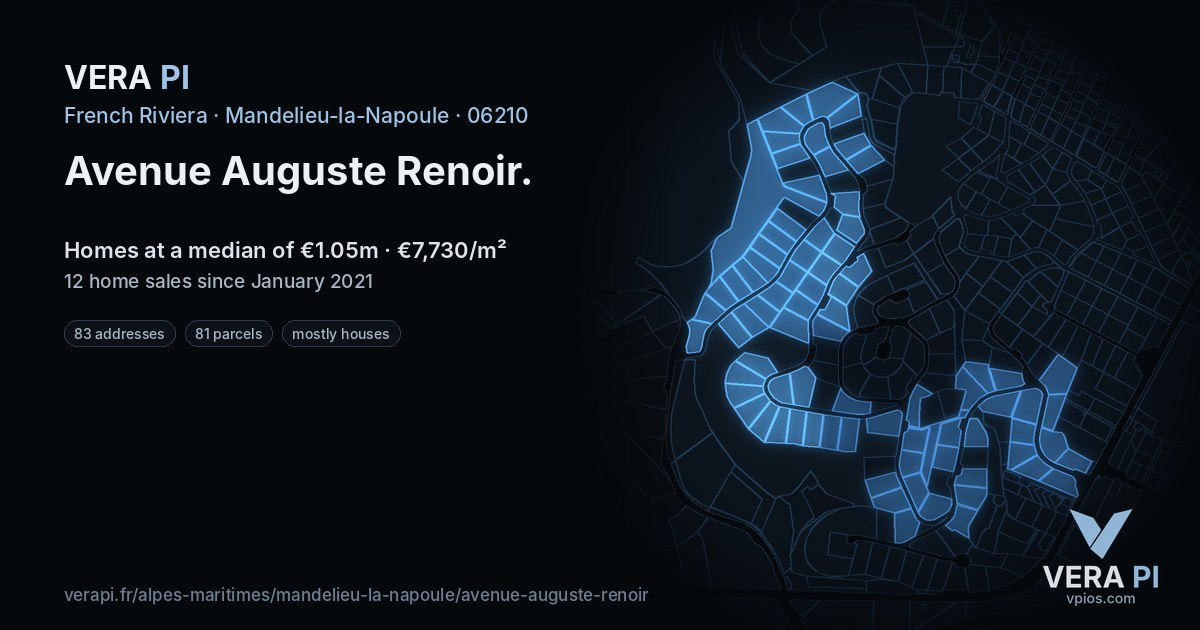 Avenue Auguste Renoir, Mandelieu-la-Napoule at night – every parcel coloured by the prices around it, the street's own parcels lit