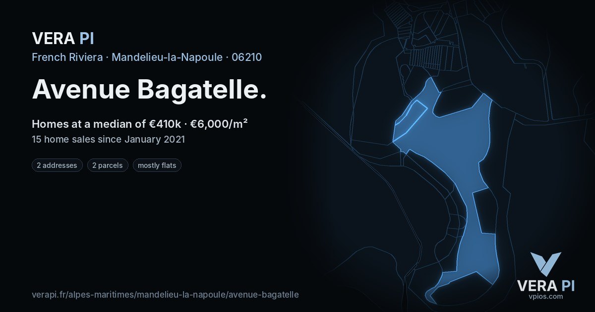 Avenue Bagatelle, Mandelieu-la-Napoule at night – every parcel coloured by the prices around it, the street's own parcels lit