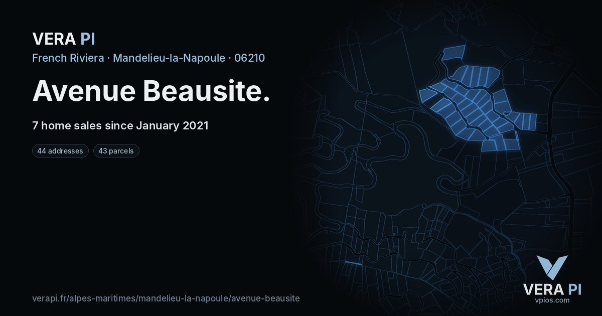 Avenue Beausite, Mandelieu-la-Napoule at night – every parcel coloured by the prices around it, the street's own parcels lit