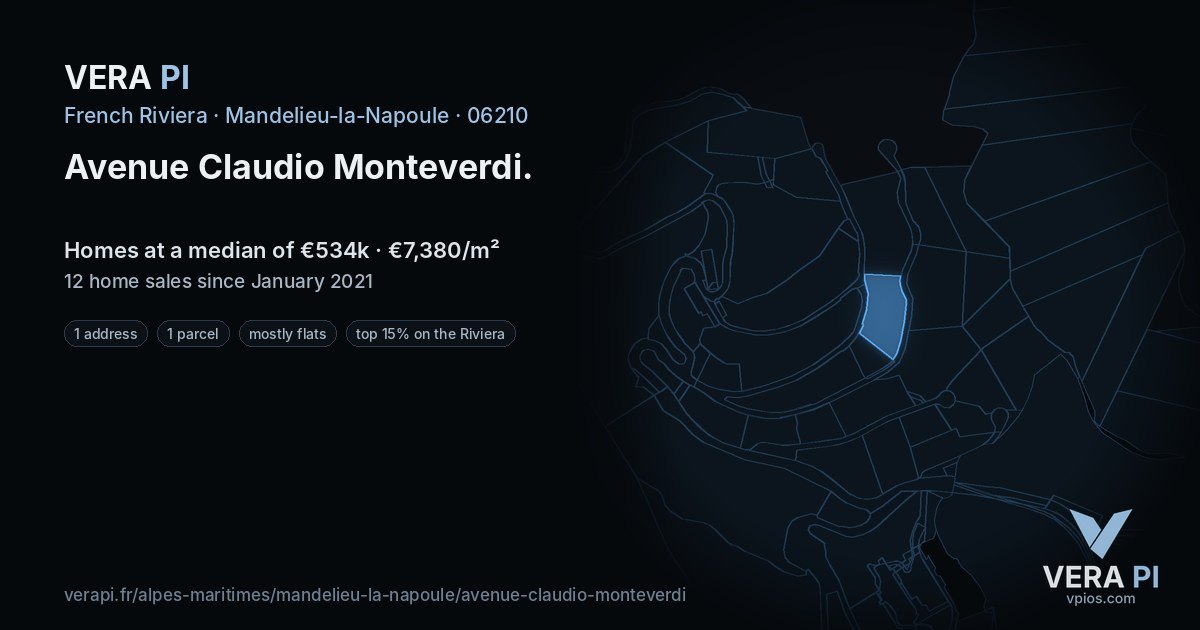 Avenue Claudio Monteverdi, Mandelieu-la-Napoule at night – every parcel coloured by the prices around it, the street's own parcels lit