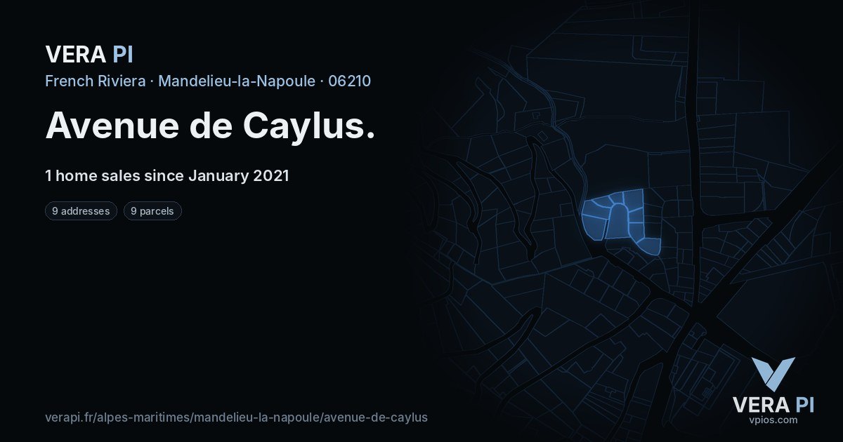 Avenue de Caylus, Mandelieu-la-Napoule at night – every parcel coloured by the prices around it, the street's own parcels lit