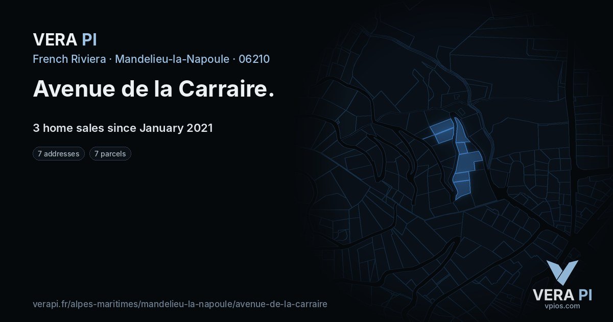Avenue de la Carraire, Mandelieu-la-Napoule at night – every parcel coloured by the prices around it, the street's own parcels lit