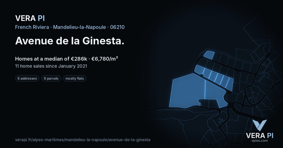 Avenue de la Ginesta, Mandelieu-la-Napoule at night – every parcel coloured by the prices around it, the street's own parcels lit