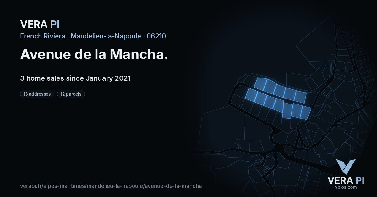 Avenue de la Mancha, Mandelieu-la-Napoule at night – every parcel coloured by the prices around it, the street's own parcels lit
