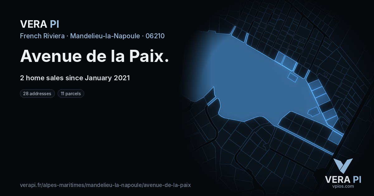 Avenue de la Paix, Mandelieu-la-Napoule at night – every parcel coloured by the prices around it, the street's own parcels lit