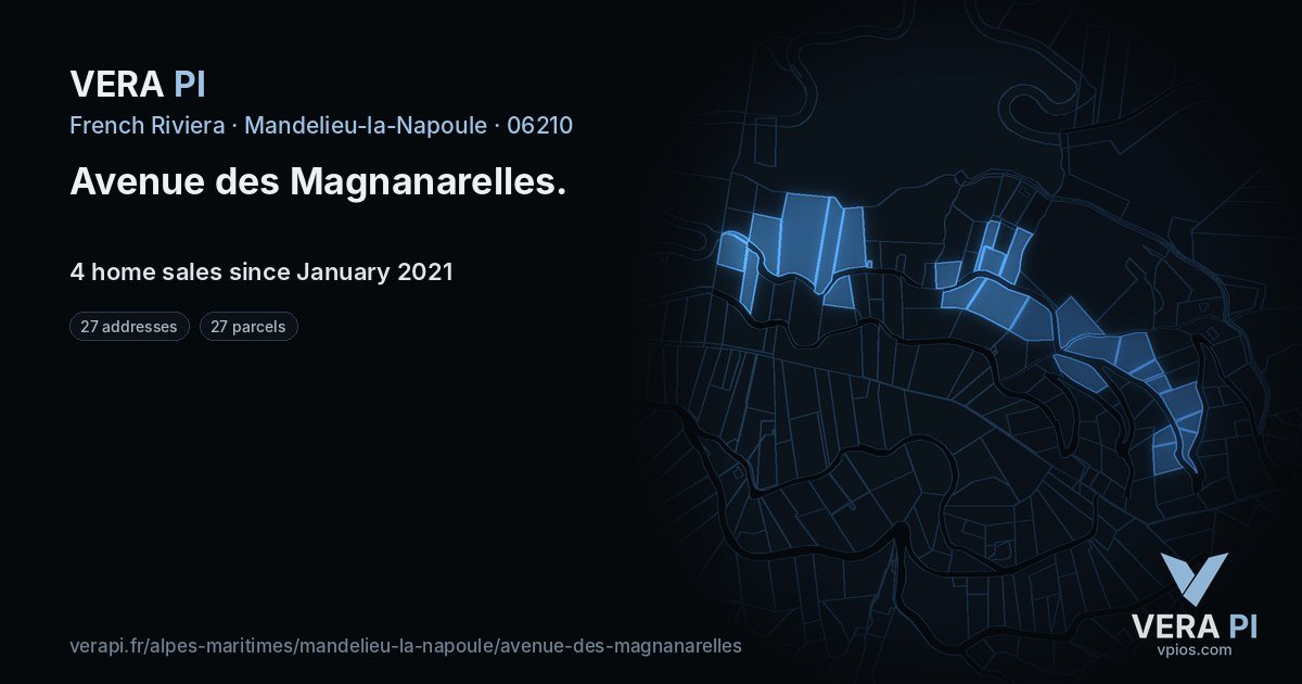Avenue des Magnanarelles, Mandelieu-la-Napoule at night – every parcel coloured by the prices around it, the street's own parcels lit