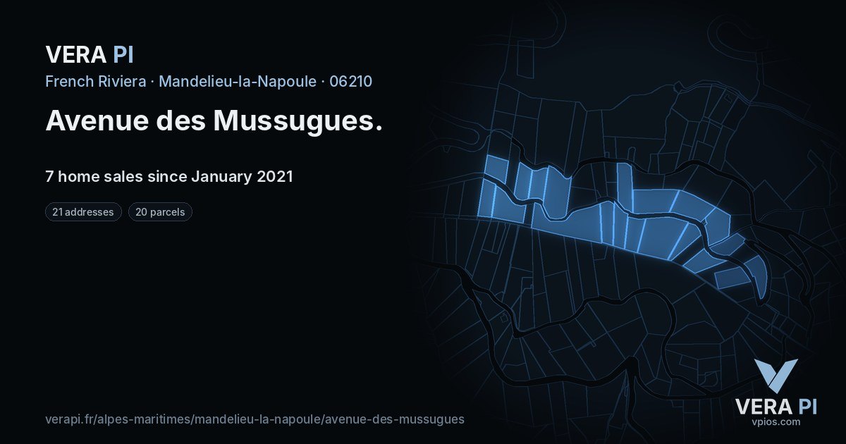 Avenue des Mussugues, Mandelieu-la-Napoule at night – every parcel coloured by the prices around it, the street's own parcels lit