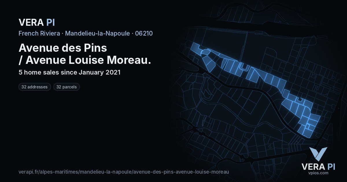 Avenue des Pins / Avenue Louise Moreau, Mandelieu-la-Napoule at night – every parcel coloured by the prices around it, the street's own parcels lit