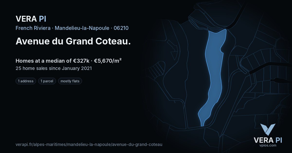 Avenue du Grand Coteau, Mandelieu-la-Napoule at night – every parcel coloured by the prices around it, the street's own parcels lit