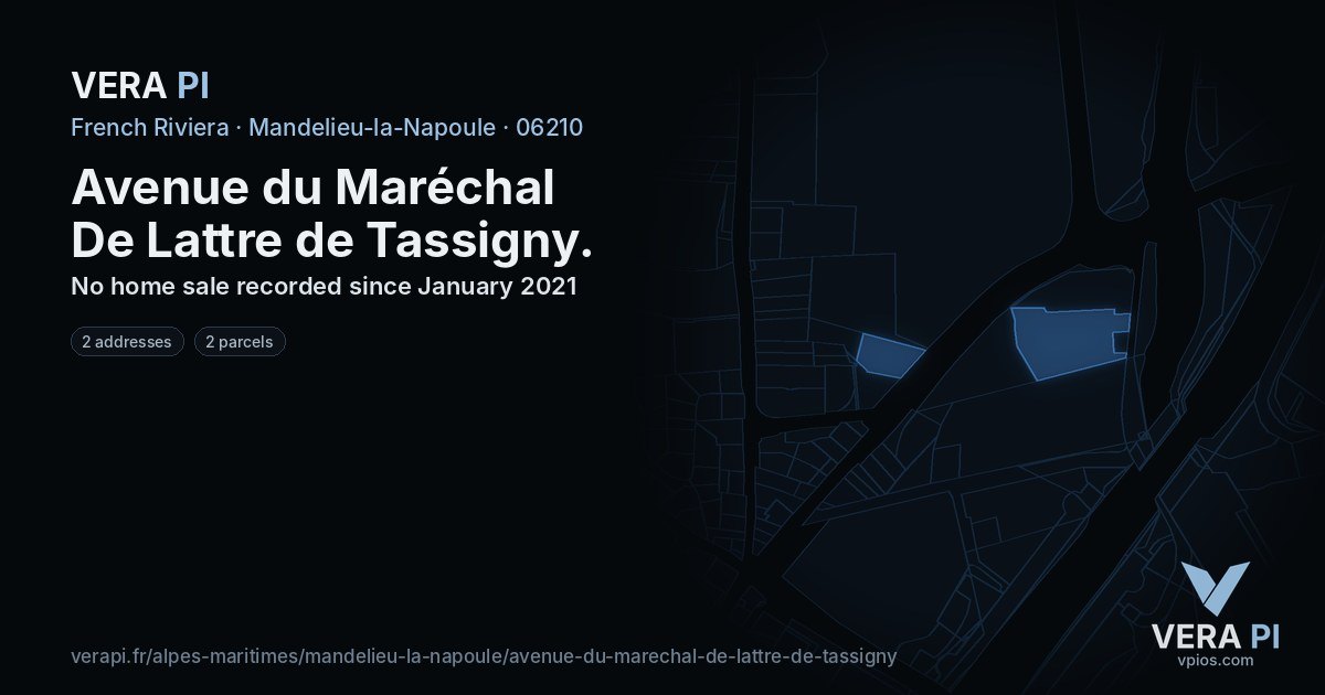 Avenue du Maréchal De Lattre de Tassigny, Mandelieu-la-Napoule at night – every parcel coloured by the prices around it, the street's own parcels lit