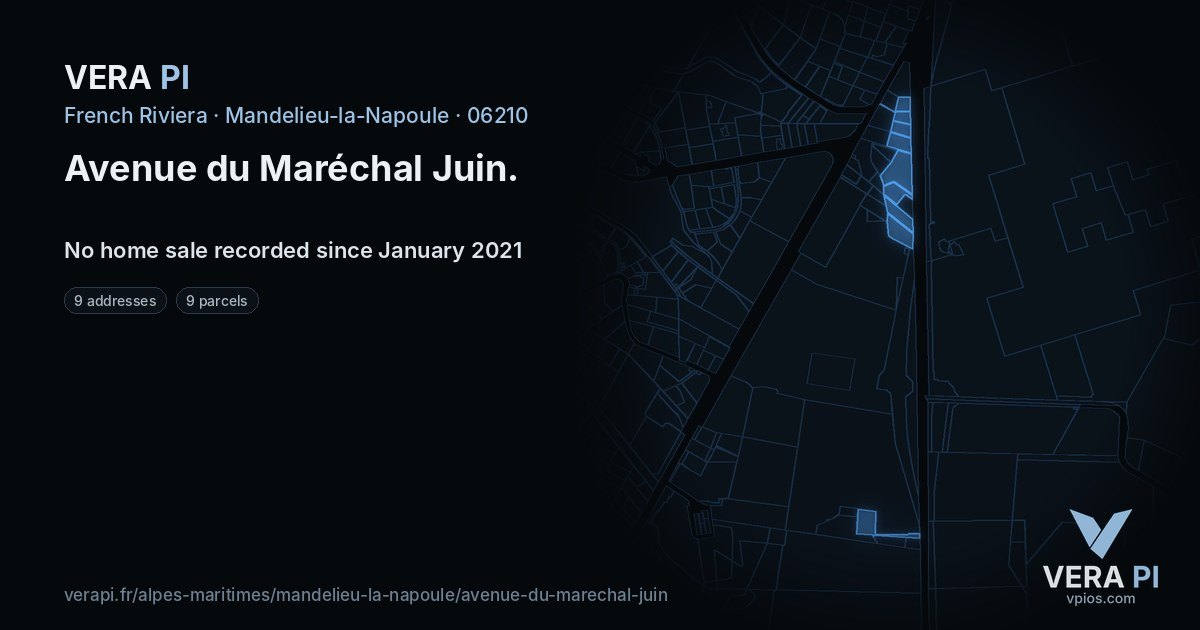 Avenue du Maréchal Juin, Mandelieu-la-Napoule at night – every parcel coloured by the prices around it, the street's own parcels lit