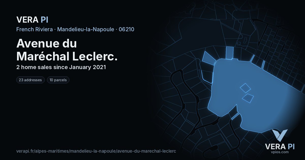 Avenue du Maréchal Leclerc, Mandelieu-la-Napoule at night – every parcel coloured by the prices around it, the street's own parcels lit