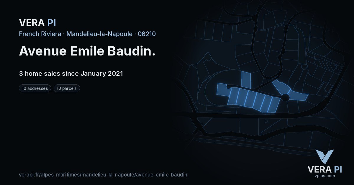 Avenue Emile Baudin, Mandelieu-la-Napoule at night – every parcel coloured by the prices around it, the street's own parcels lit