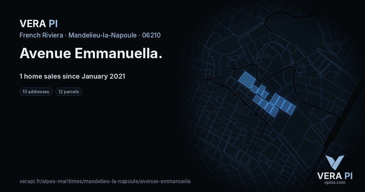 Avenue Emmanuella, Mandelieu-la-Napoule at night – every parcel coloured by the prices around it, the street's own parcels lit