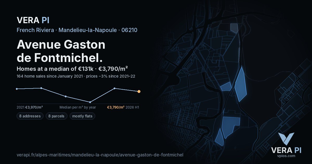 Avenue Gaston de Fontmichel, Mandelieu-la-Napoule at night – every parcel coloured by the prices around it, the street's own parcels lit
