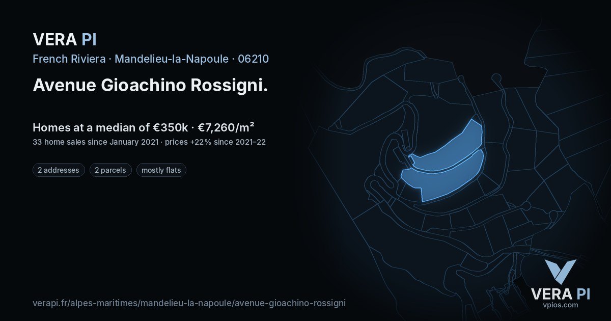 Avenue Gioachino Rossigni, Mandelieu-la-Napoule at night – every parcel coloured by the prices around it, the street's own parcels lit