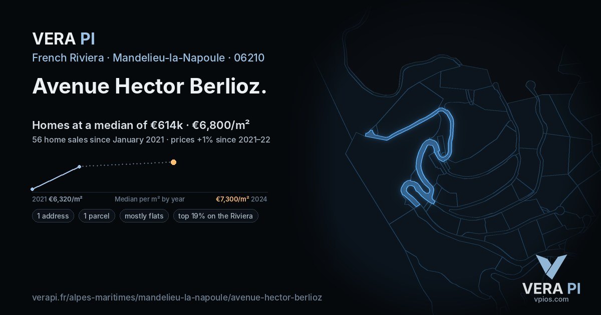 Avenue Hector Berlioz, Mandelieu-la-Napoule at night – every parcel coloured by the prices around it, the street's own parcels lit