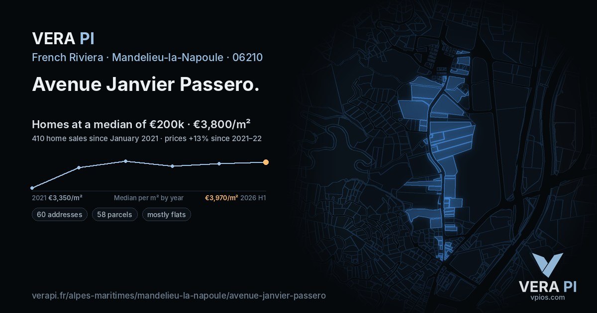 Avenue Janvier Passero, Mandelieu-la-Napoule at night – every parcel coloured by the prices around it, the street's own parcels lit