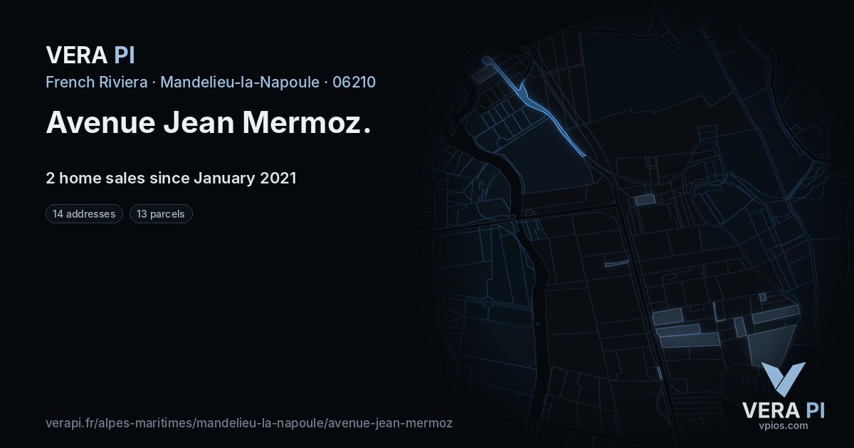 Avenue Jean Mermoz, Mandelieu-la-Napoule at night – every parcel coloured by the prices around it, the street's own parcels lit