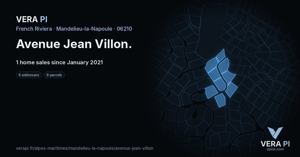 Avenue Jean Villon, Mandelieu-la-Napoule at night – every parcel coloured by the prices around it, the street's own parcels lit