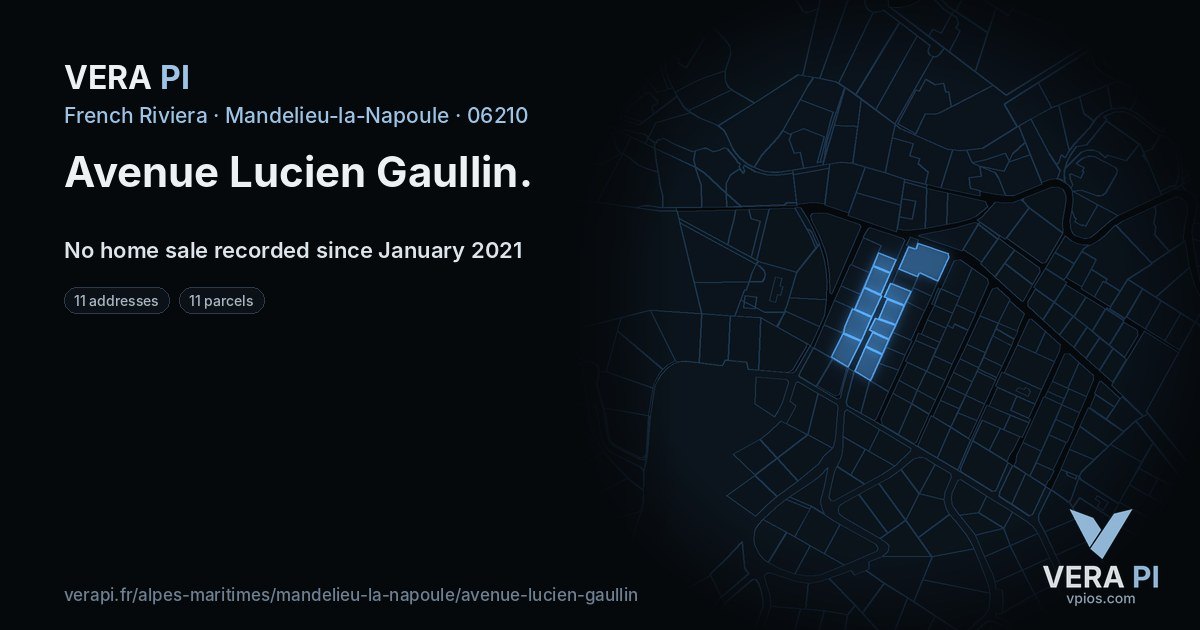 Avenue Lucien Gaullin, Mandelieu-la-Napoule at night – every parcel coloured by the prices around it, the street's own parcels lit