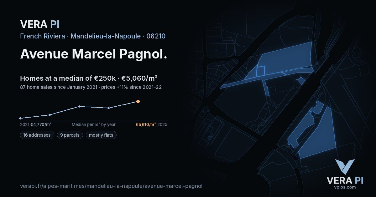 Avenue Marcel Pagnol, Mandelieu-la-Napoule at night – every parcel coloured by the prices around it, the street's own parcels lit