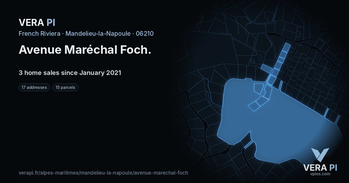 Avenue Maréchal Foch, Mandelieu-la-Napoule at night – every parcel coloured by the prices around it, the street's own parcels lit