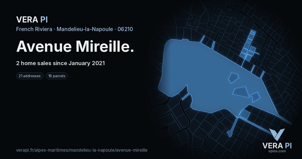 Avenue Mireille, Mandelieu-la-Napoule at night – every parcel coloured by the prices around it, the street's own parcels lit