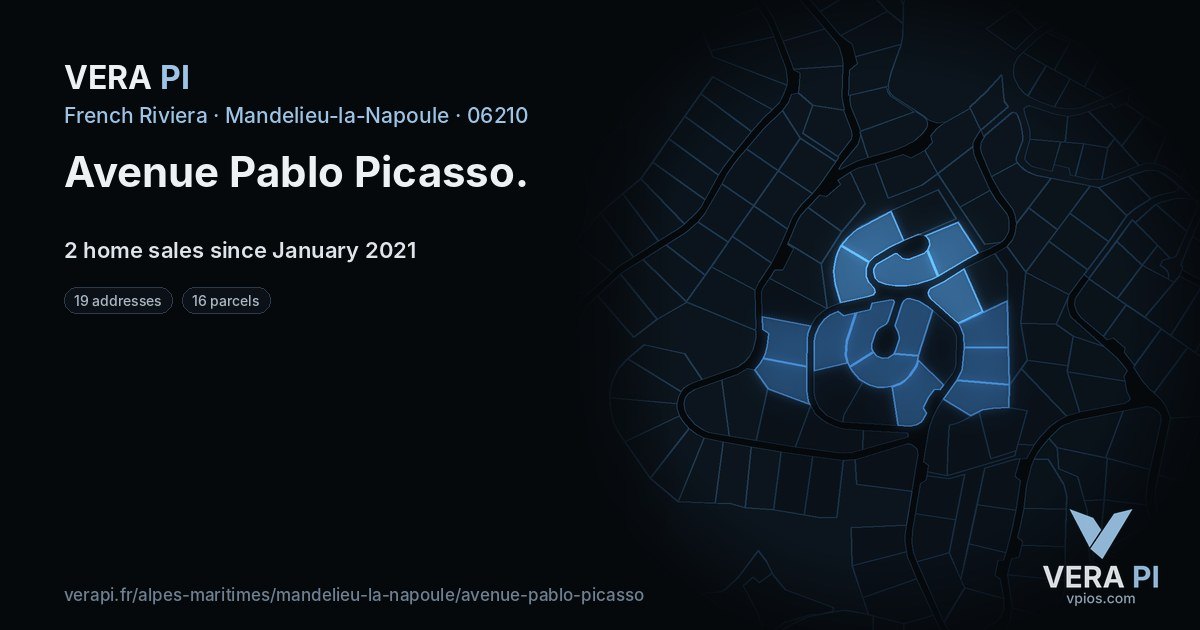 Avenue Pablo Picasso, Mandelieu-la-Napoule at night – every parcel coloured by the prices around it, the street's own parcels lit