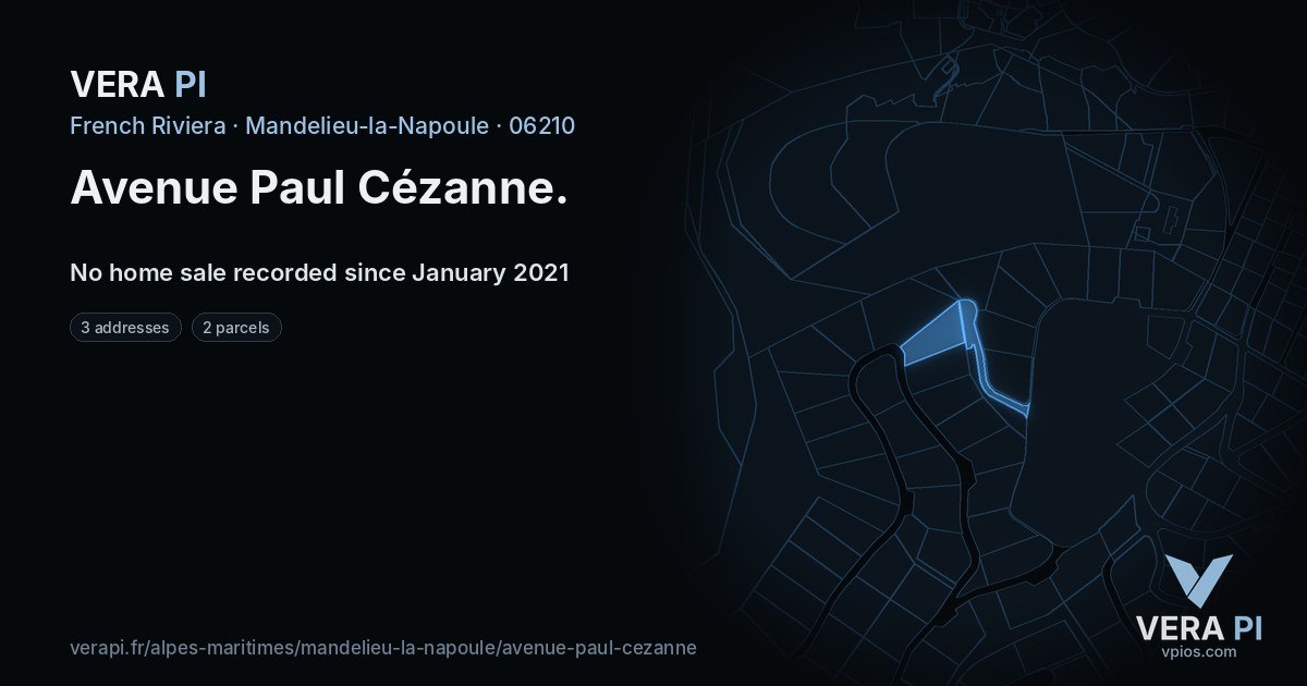 Avenue Paul Cézanne, Mandelieu-la-Napoule at night – every parcel coloured by the prices around it, the street's own parcels lit