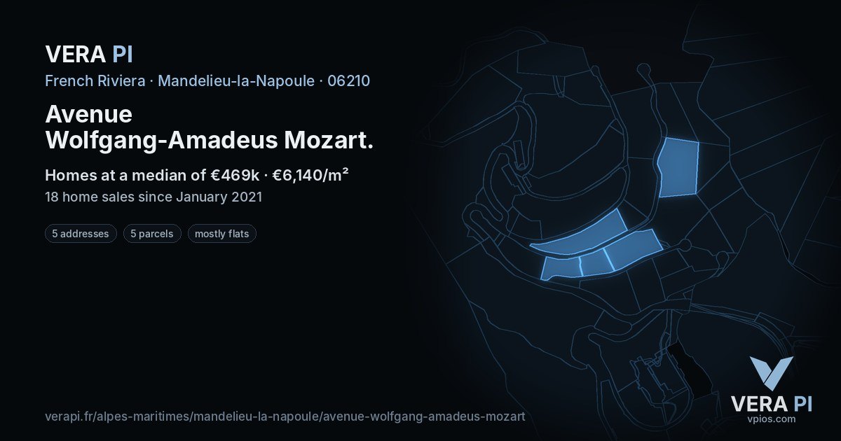 Avenue Wolfgang-Amadeus Mozart, Mandelieu-la-Napoule at night – every parcel coloured by the prices around it, the street's own parcels lit