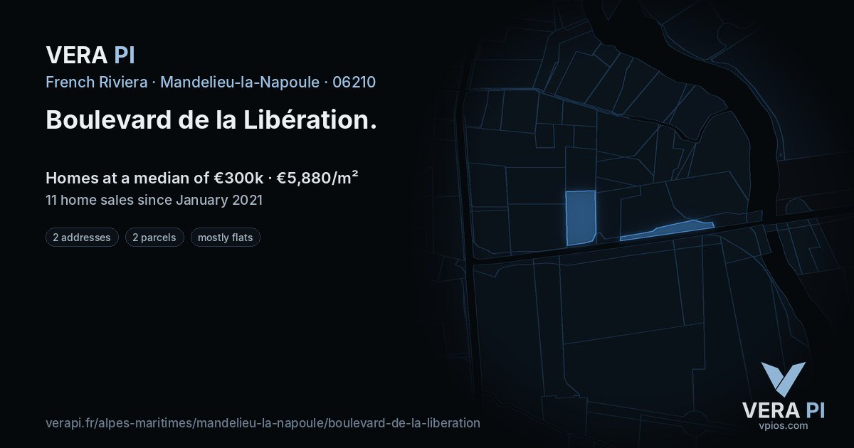 Boulevard de la Libération, Mandelieu-la-Napoule at night – every parcel coloured by the prices around it, the street's own parcels lit
