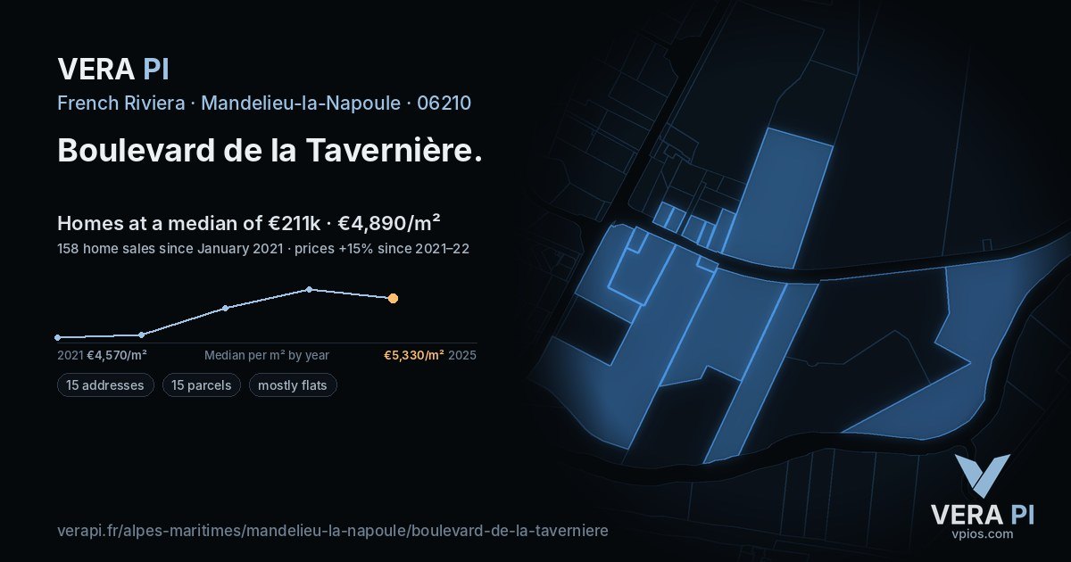 Boulevard de la Tavernière, Mandelieu-la-Napoule at night – every parcel coloured by the prices around it, the street's own parcels lit