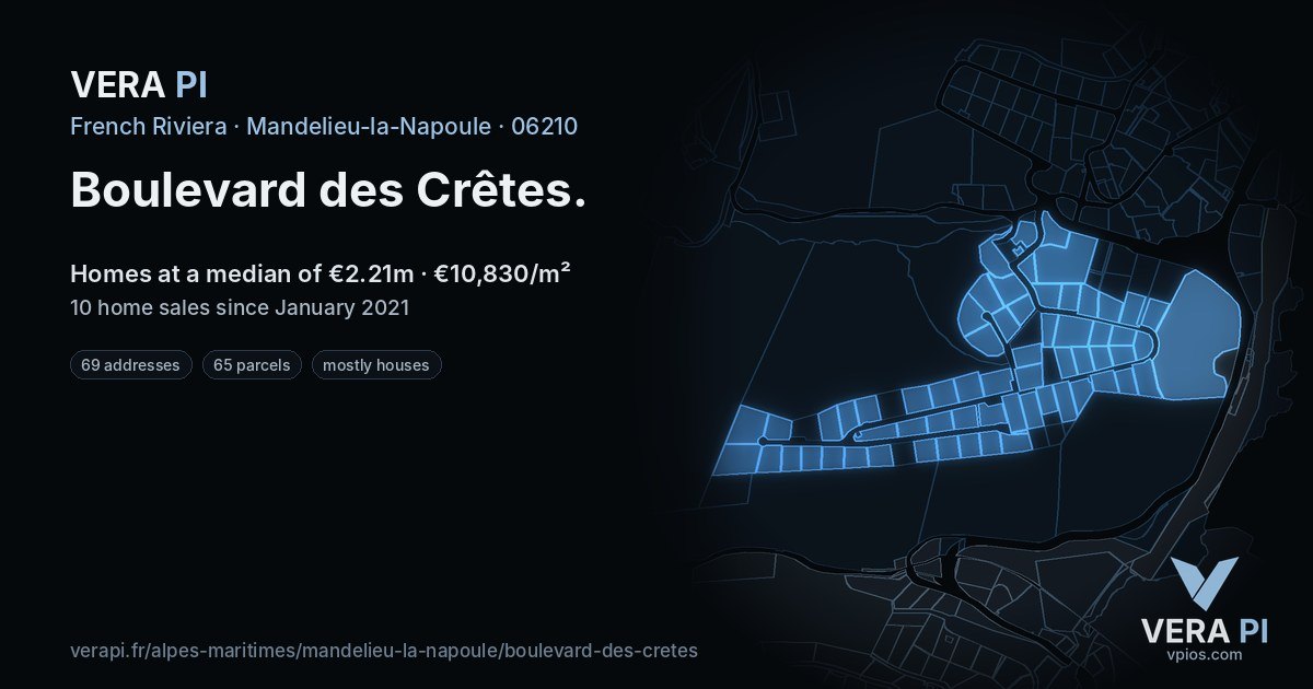 Boulevard des Crêtes, Mandelieu-la-Napoule at night – every parcel coloured by the prices around it, the street's own parcels lit