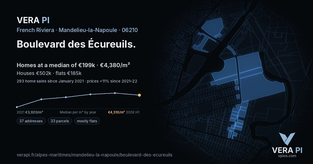 Boulevard des Écureuils, Mandelieu-la-Napoule at night – every parcel coloured by the prices around it, the street's own parcels lit