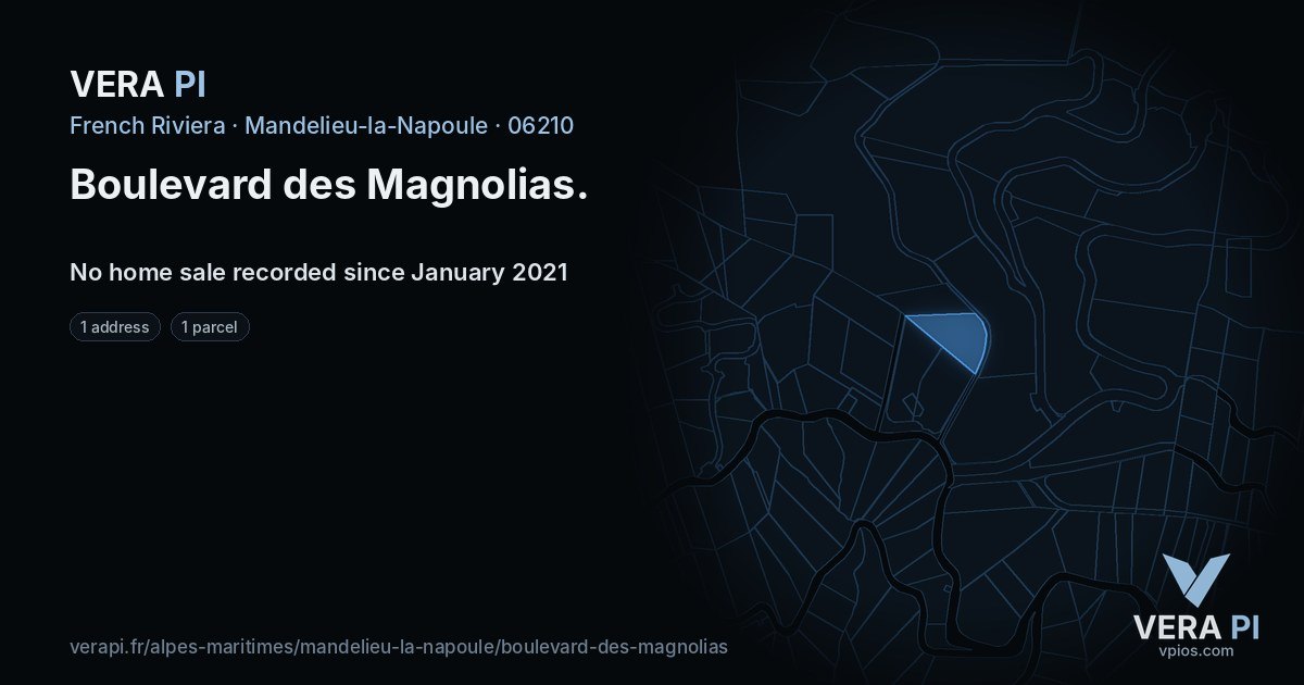 Boulevard des Magnolias, Mandelieu-la-Napoule at night – every parcel coloured by the prices around it, the street's own parcels lit