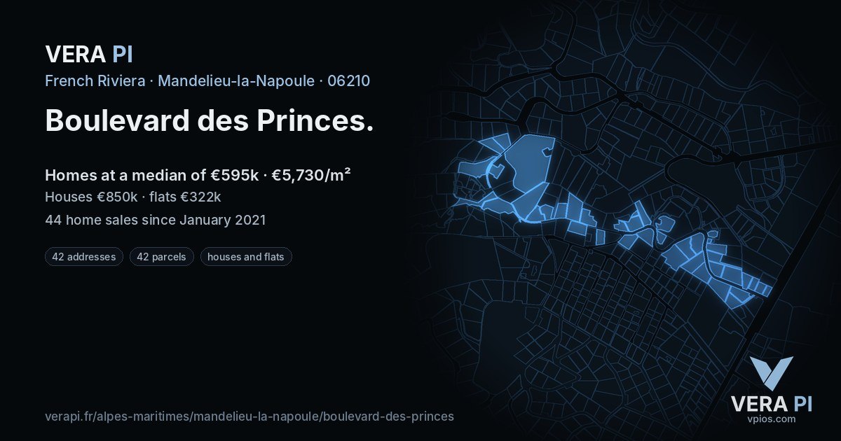 Boulevard des Princes, Mandelieu-la-Napoule at night – every parcel coloured by the prices around it, the street's own parcels lit