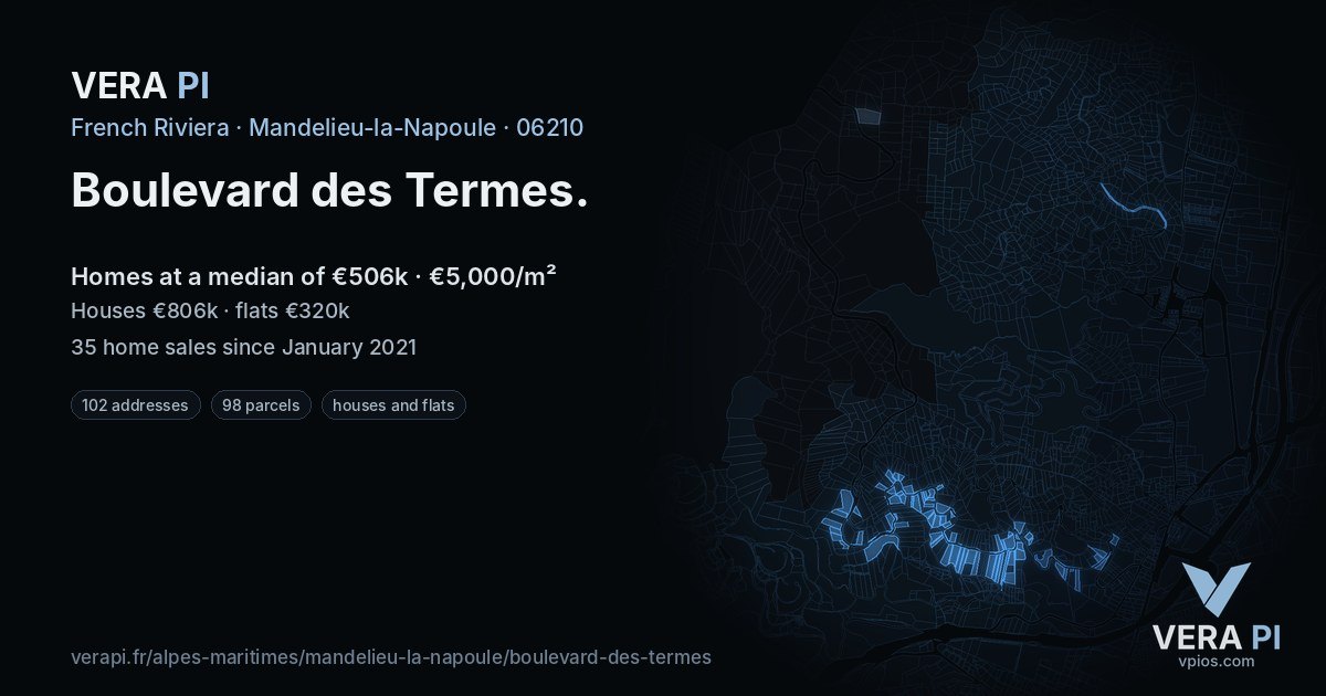 Boulevard des Termes, Mandelieu-la-Napoule at night – every parcel coloured by the prices around it, the street's own parcels lit