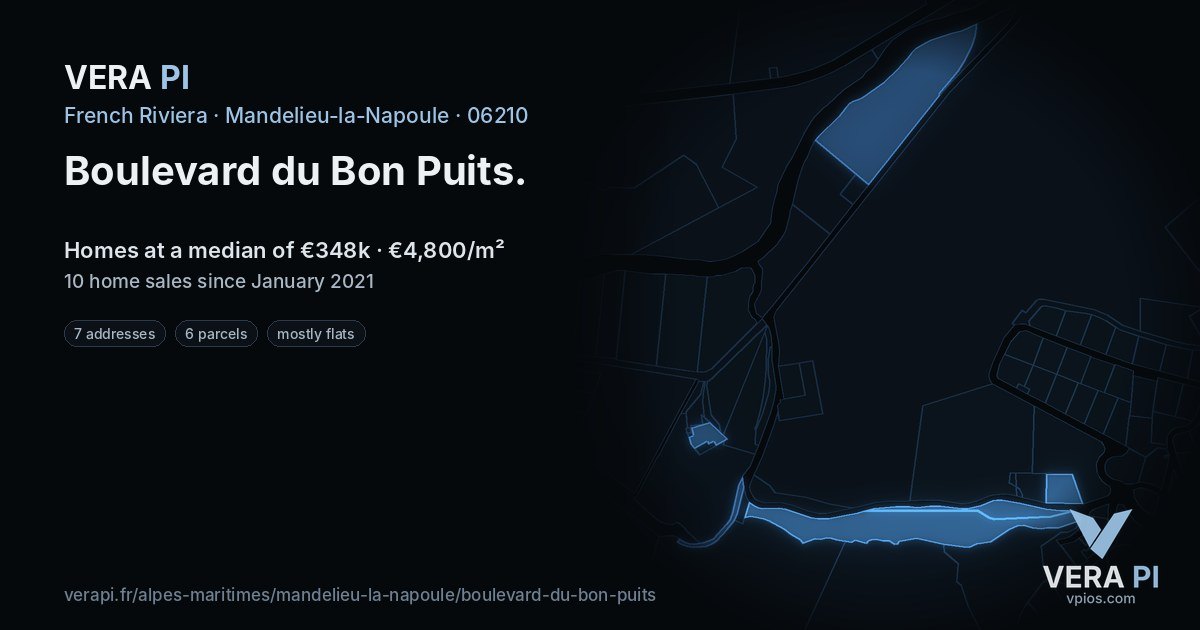 Boulevard du Bon Puits, Mandelieu-la-Napoule at night – every parcel coloured by the prices around it, the street's own parcels lit