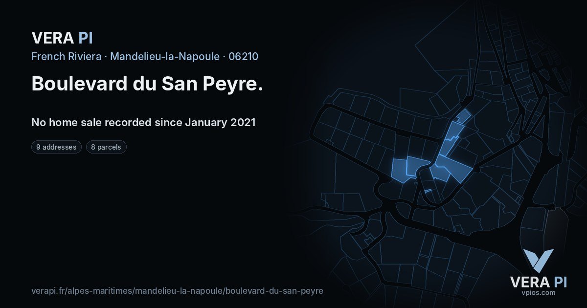 Boulevard du San Peyre, Mandelieu-la-Napoule at night – every parcel coloured by the prices around it, the street's own parcels lit
