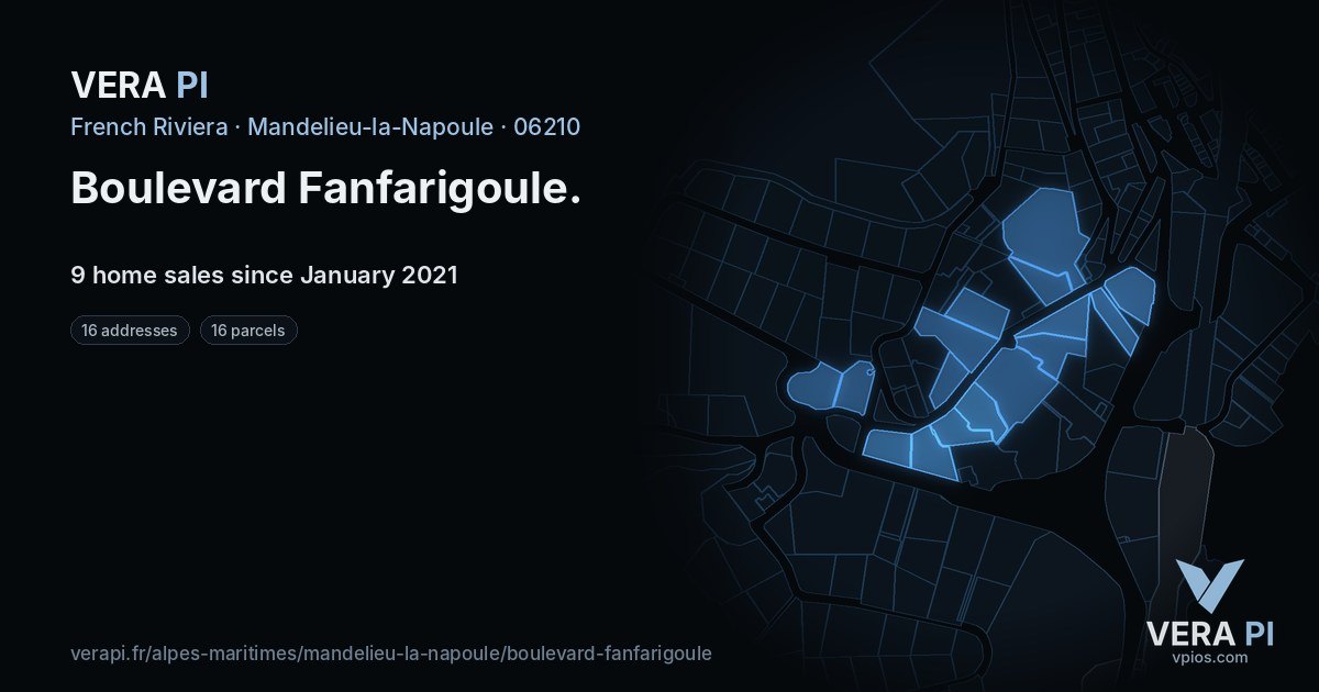 Boulevard Fanfarigoule, Mandelieu-la-Napoule at night – every parcel coloured by the prices around it, the street's own parcels lit