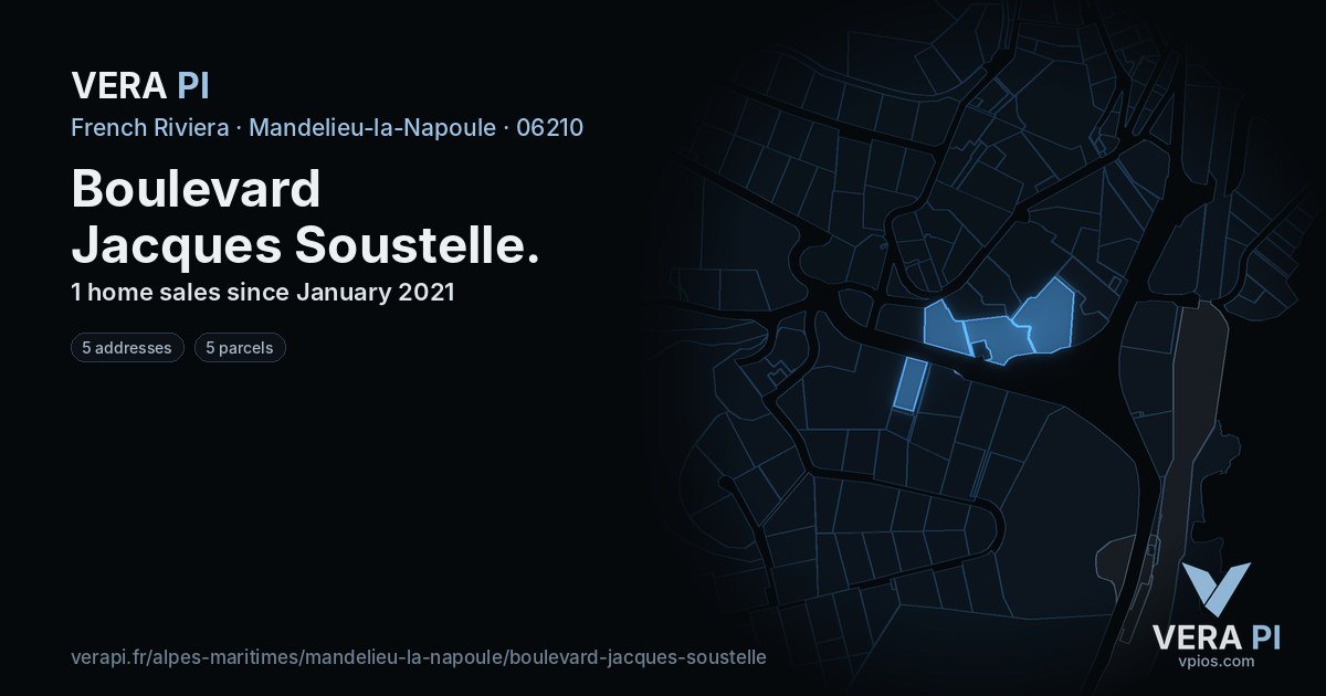 Boulevard Jacques Soustelle, Mandelieu-la-Napoule at night – every parcel coloured by the prices around it, the street's own parcels lit