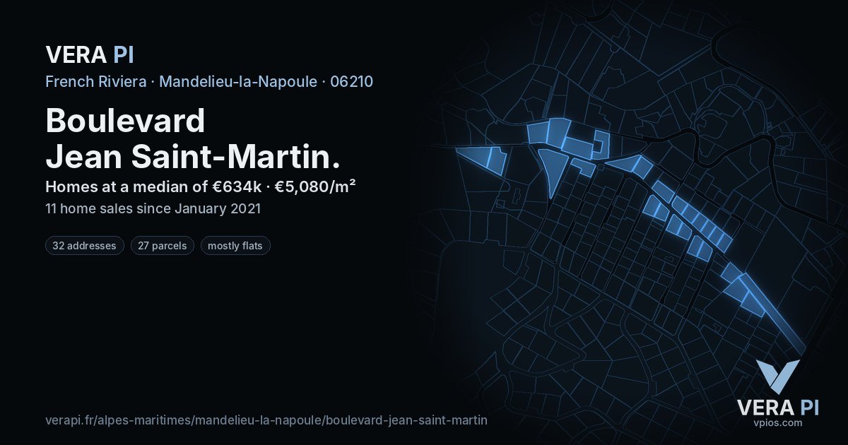 Boulevard Jean Saint-Martin, Mandelieu-la-Napoule at night – every parcel coloured by the prices around it, the street's own parcels lit