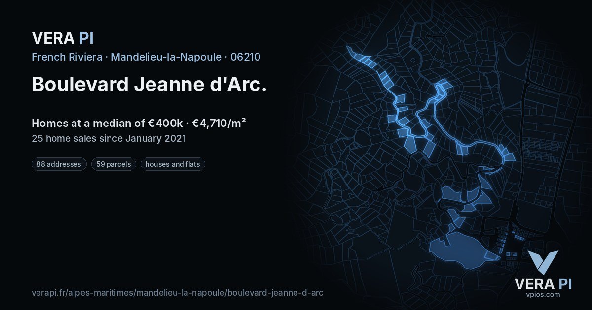 Boulevard Jeanne d'Arc, Mandelieu-la-Napoule at night – every parcel coloured by the prices around it, the street's own parcels lit