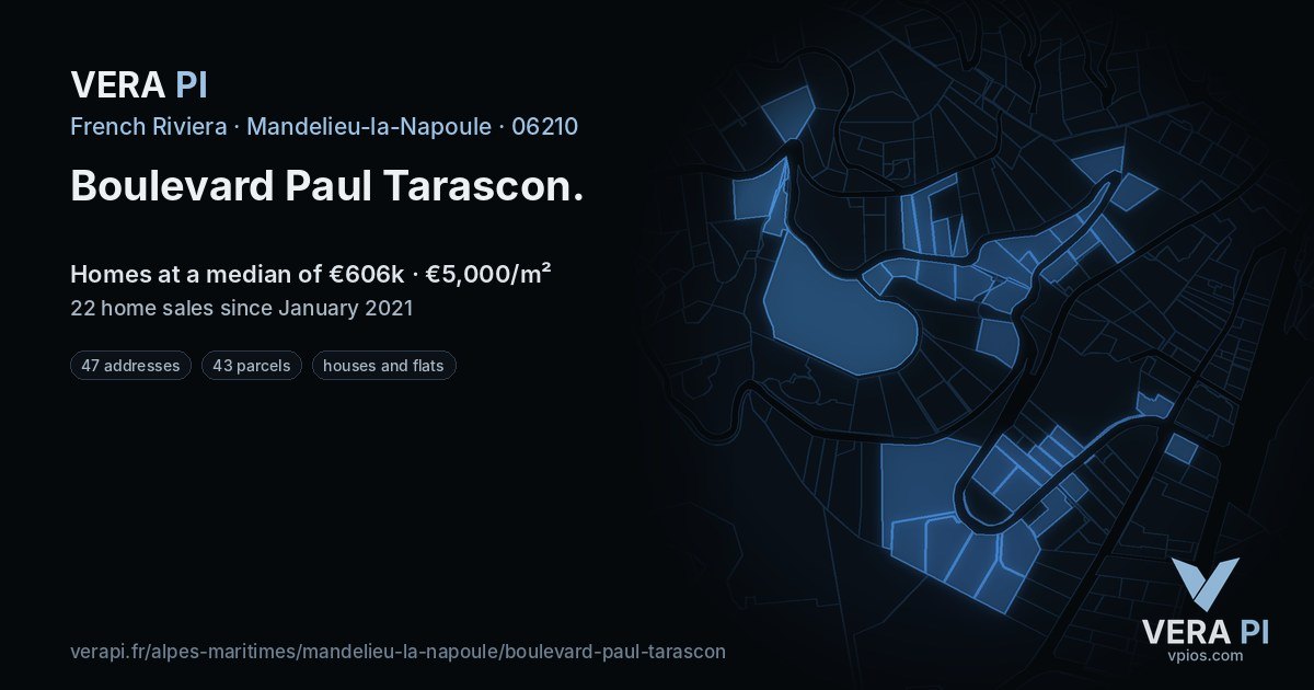 Boulevard Paul Tarascon, Mandelieu-la-Napoule at night – every parcel coloured by the prices around it, the street's own parcels lit